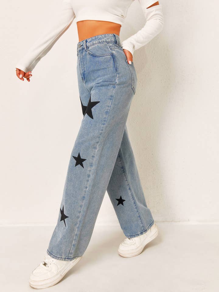 Women's Star Print Wide Trendy Casual Leg Jeans