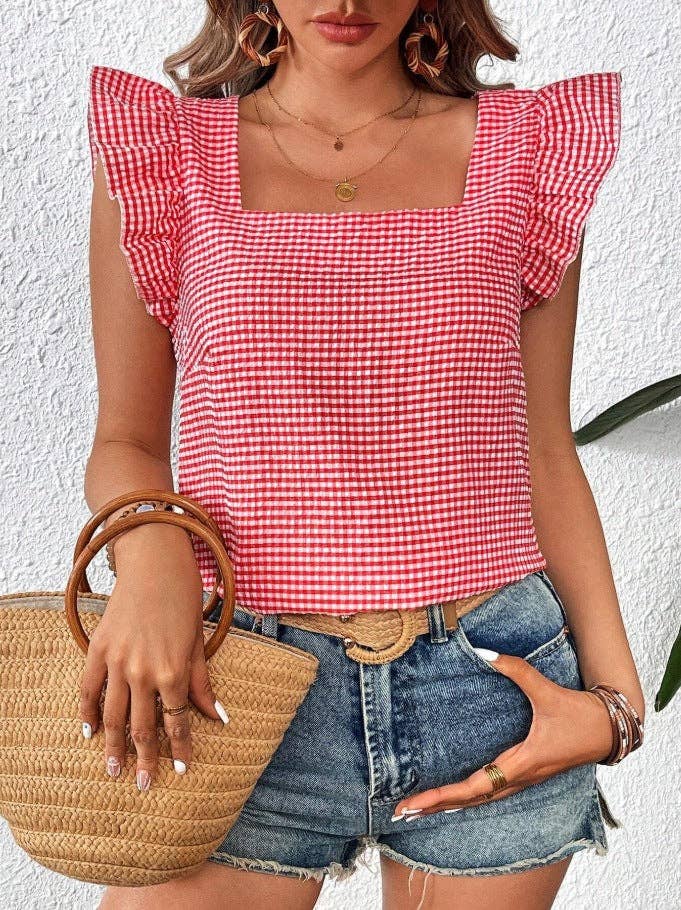 Gingham Square Neck Ruffle Sleeve Blouse Top