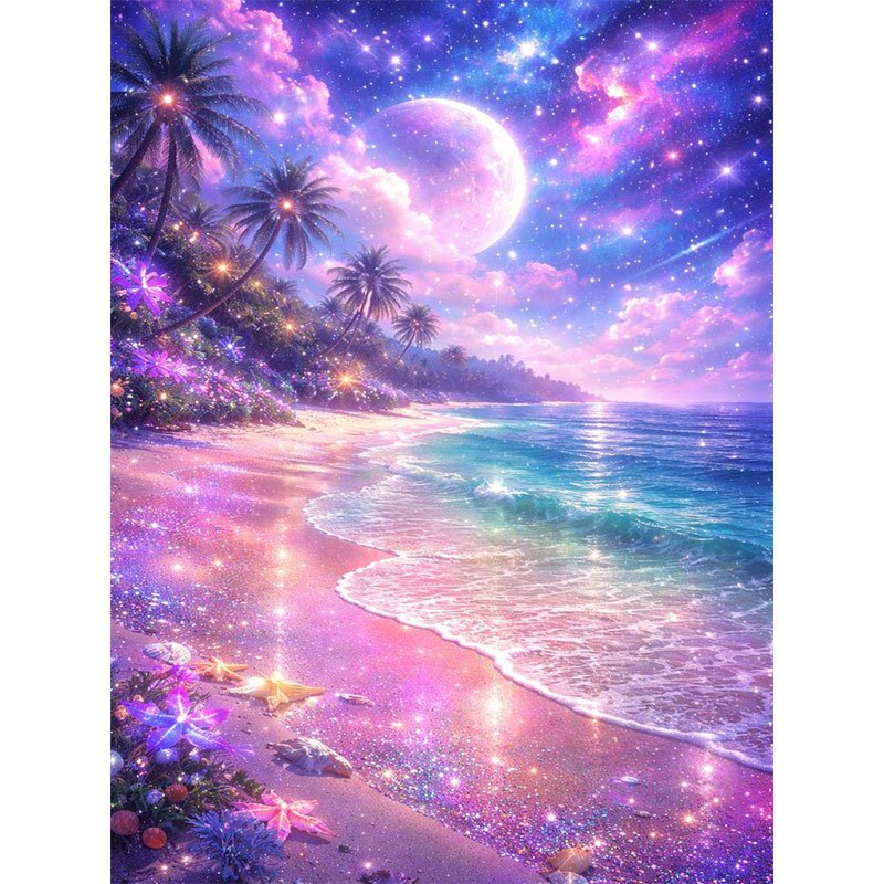 1pc, 5D Dreamy Starry Sky Beach Diamond Painting, Moonlight Coconut Tree Seascape DIY Handmade Rhinestone Decorative Painting, Frameless Diamond Painting