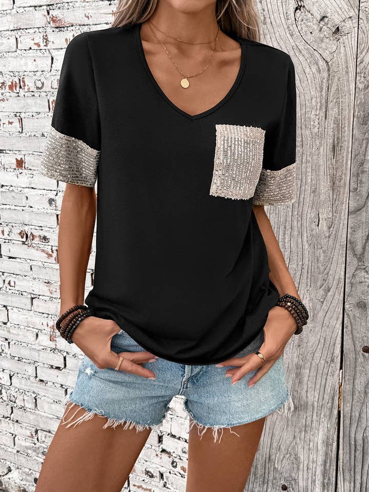 Casual Color-Block Sequin Short Sleeve T-Shirt BFZY1411