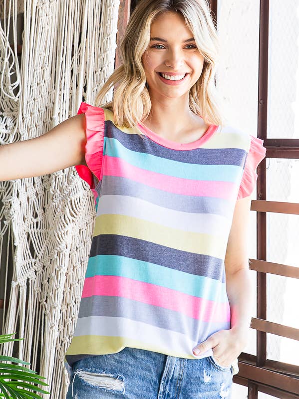 Stripe Print Round Neck Ruffle Sleeves Top T4795