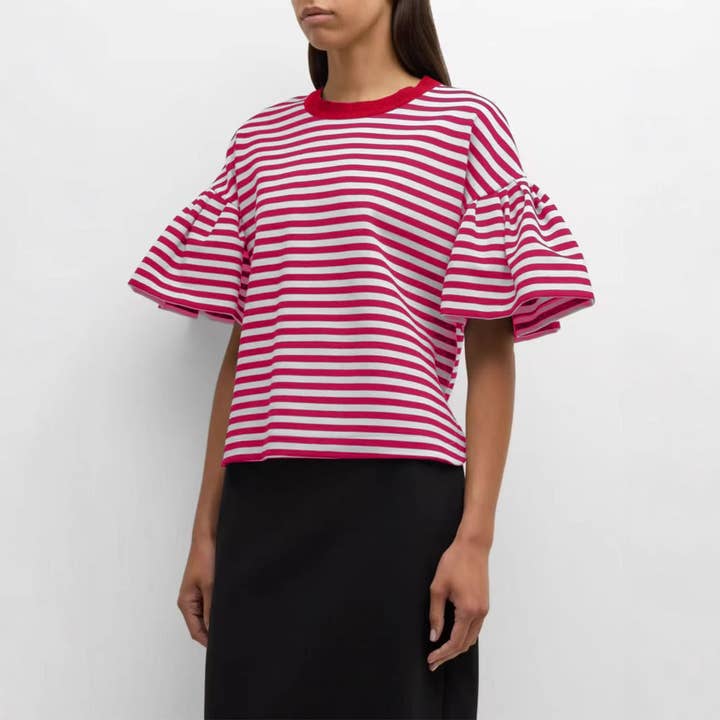 Crew Neck Loose Striped Bell Short Sleeve Top
