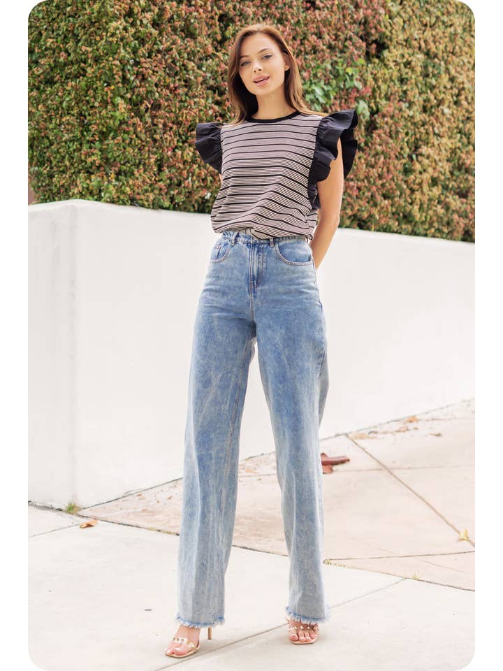 Mixed Media Stripe Top-Stitch Knit Top