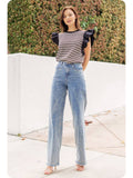 Mixed Media Stripe Top-Stitch Knit Top