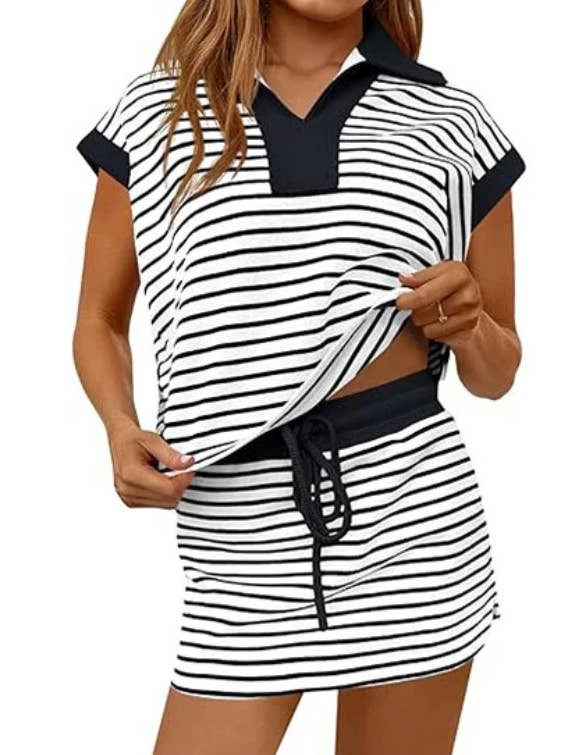 Striped Collared Short Sleeve Top & Skort Casual Set
