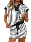 Striped Collared Short Sleeve Top & Skort Casual Set