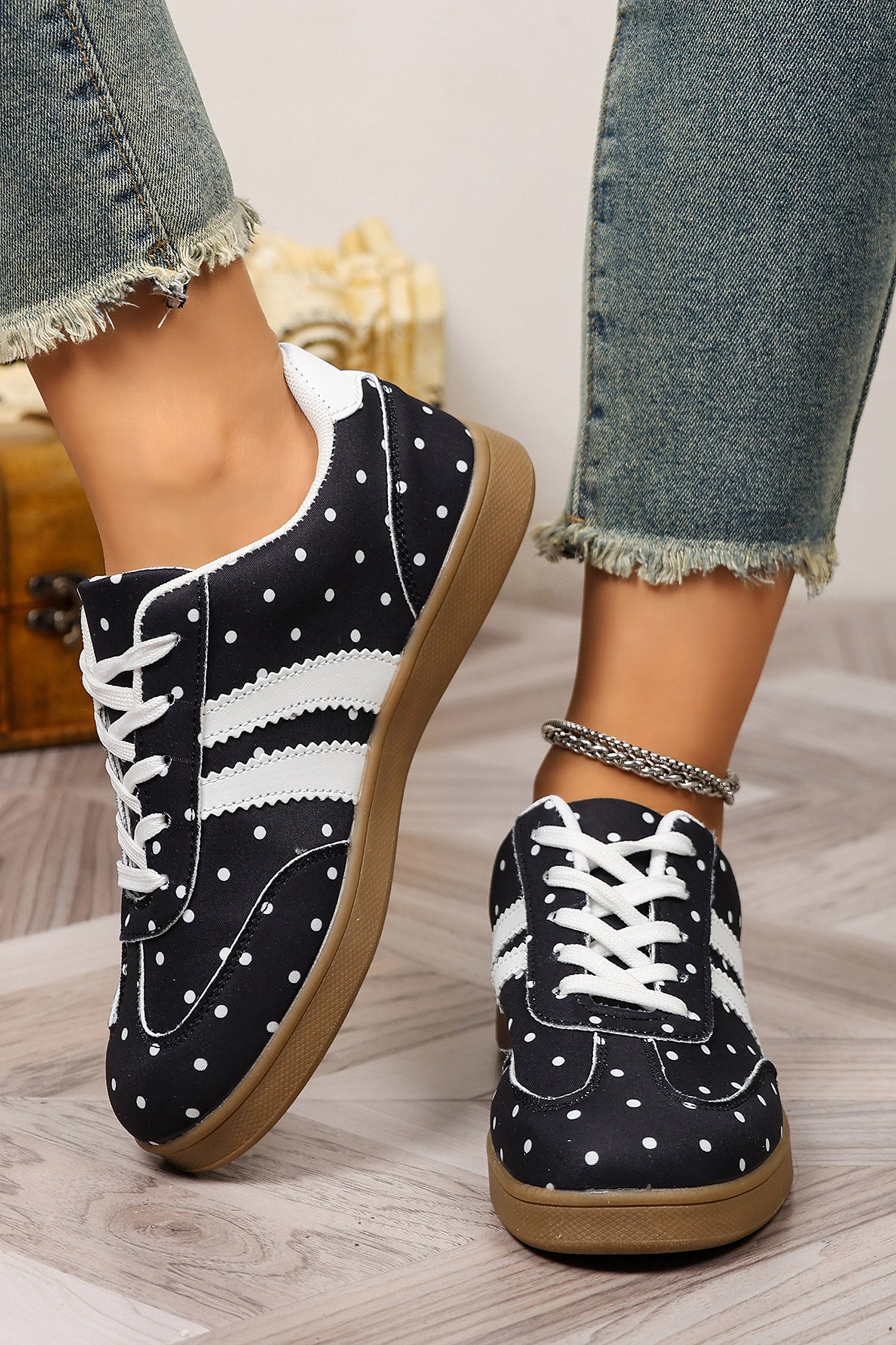 Color black Polka Dot Print PU Leather Color Block Detail Casual Sneakers