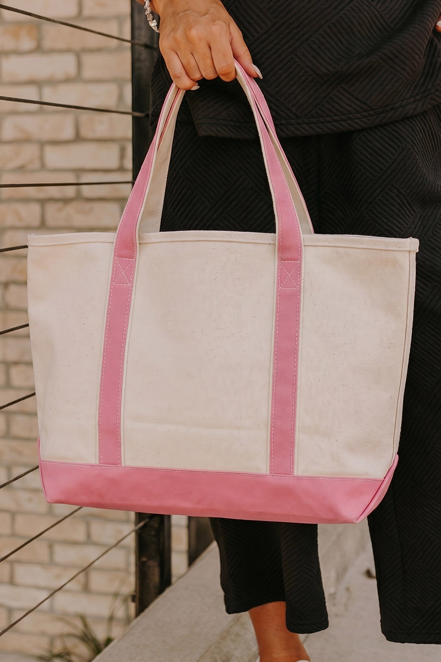 Pink Color Block Detail Durable Handles Canvas Tote Bag