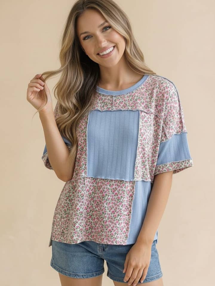 Round Neck Flora Lpatchwork Color Block Top