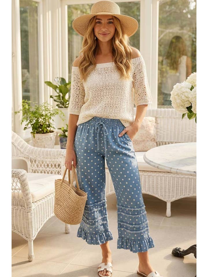 Polka Dot Flared Ruffle 100%Cotton Crop Denim Pants VP83039A