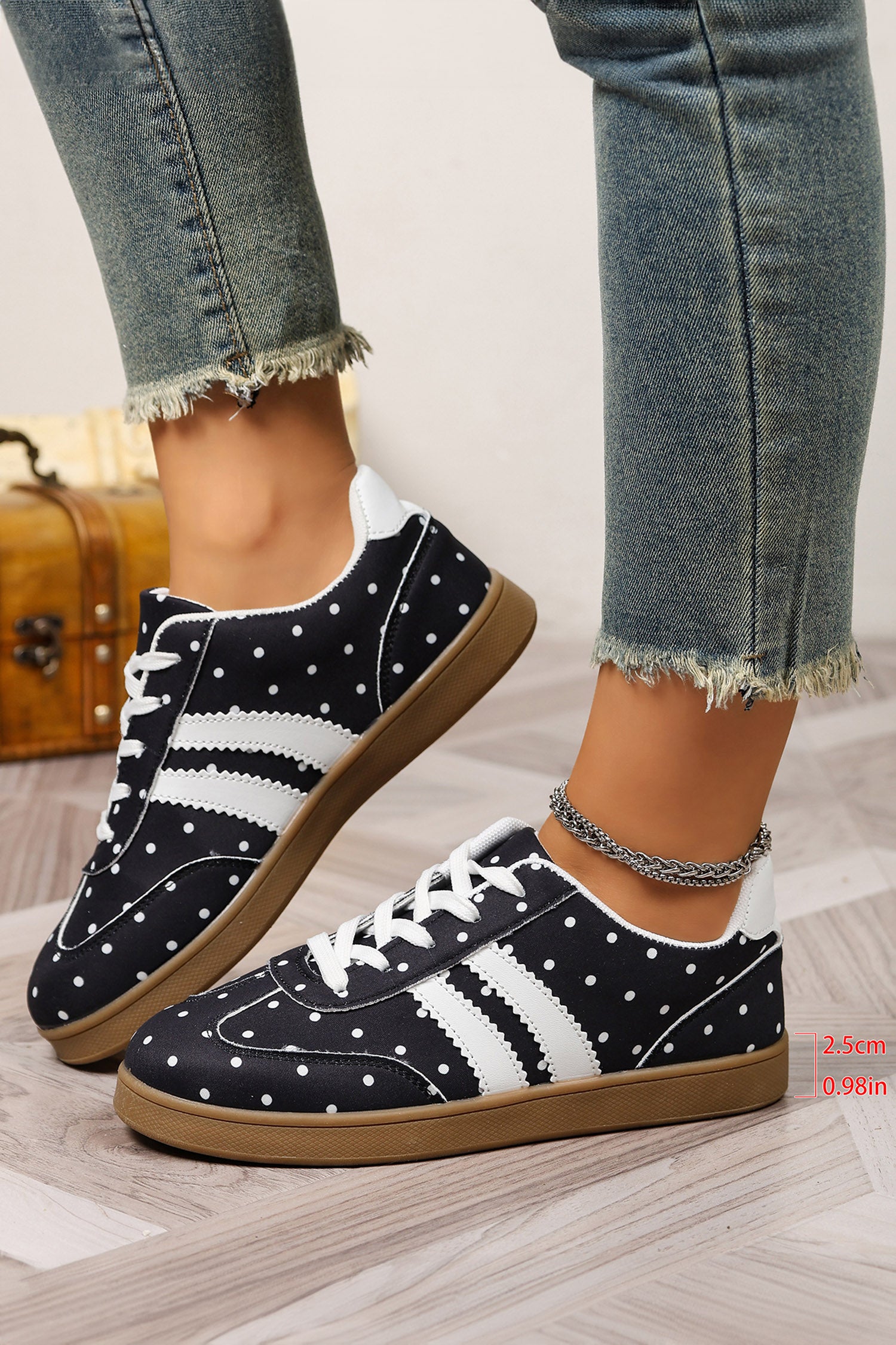 Color black Polka Dot Print PU Leather Color Block Detail Casual Sneakers