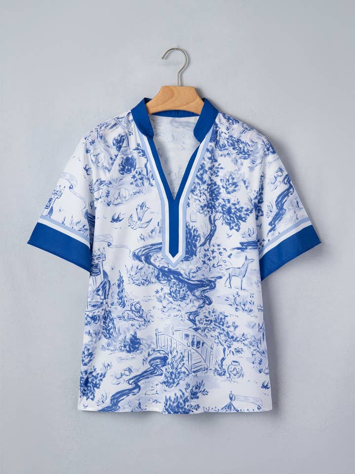 Blue Wild Animal Paradise Contrast V Neck Raglan Sleeve Blouse