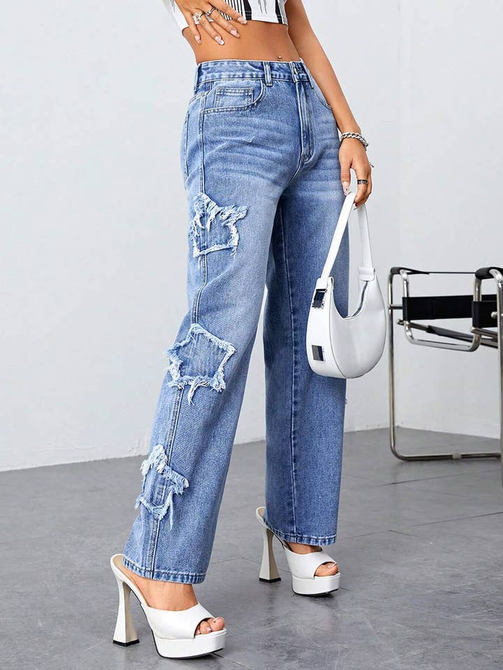 Star Pant Ripped Straight Trousers High Waisted Wash Jeans