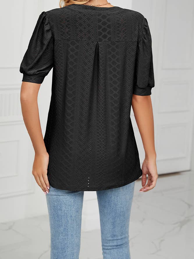 Plain V Neck Bubble Sleeves Hollow Out Top HLL001