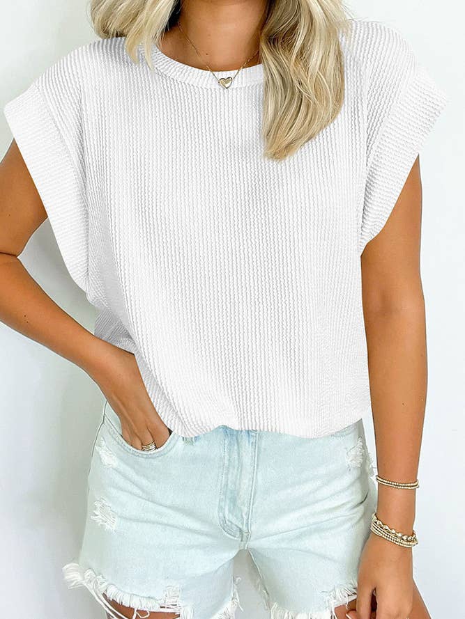 Plain Textured Striped Round Neck Short Sleeves Top ASJP093