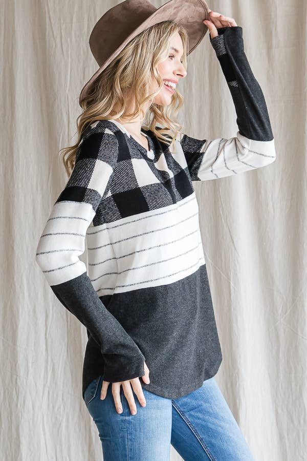 Cozy Color Block Plaid Striped Thumbhole Pullover TopT4423-1
