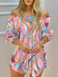 Colorful Off Shoulder Abstract Print Long Sleeve Shirt Dress