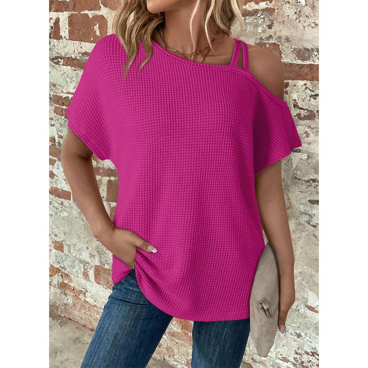 Short Sleeve Color Versatile Off-Shoulder Knit Top AXY048