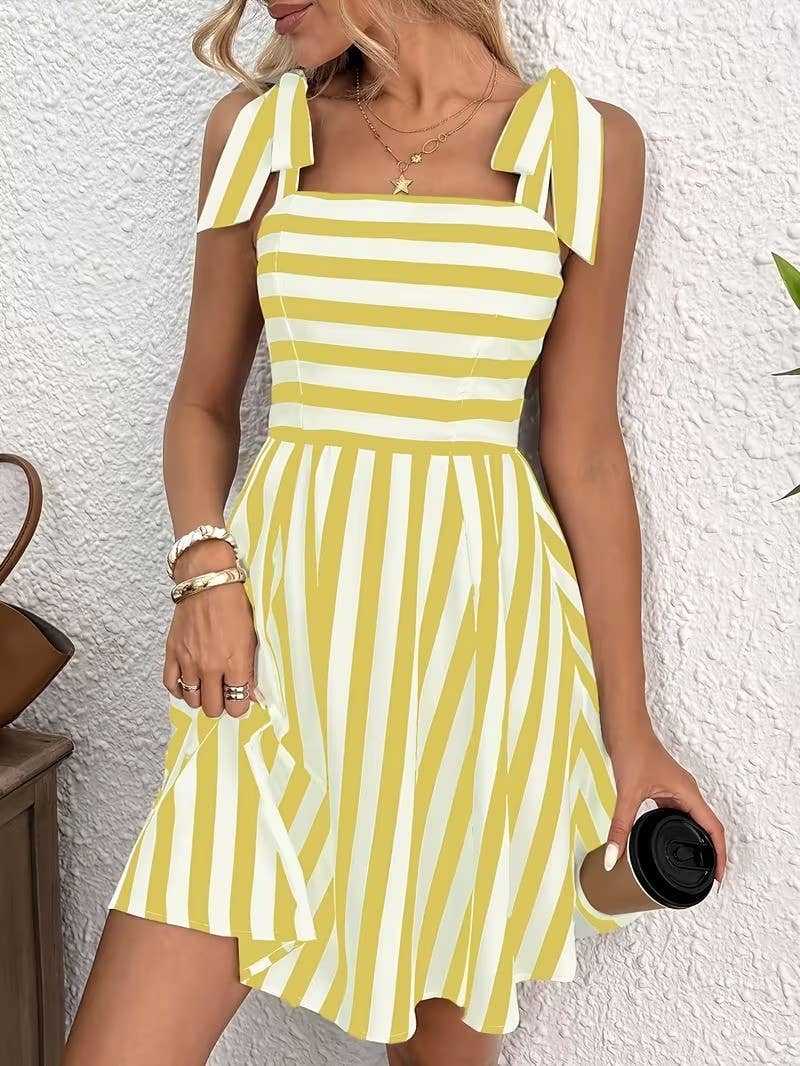 Striped Bow Tie Strap Sweet Mini Dress