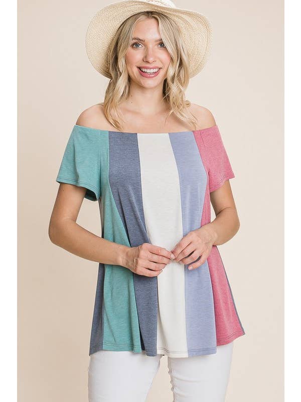 ETK-8507 Color Block Off Shoulder Top