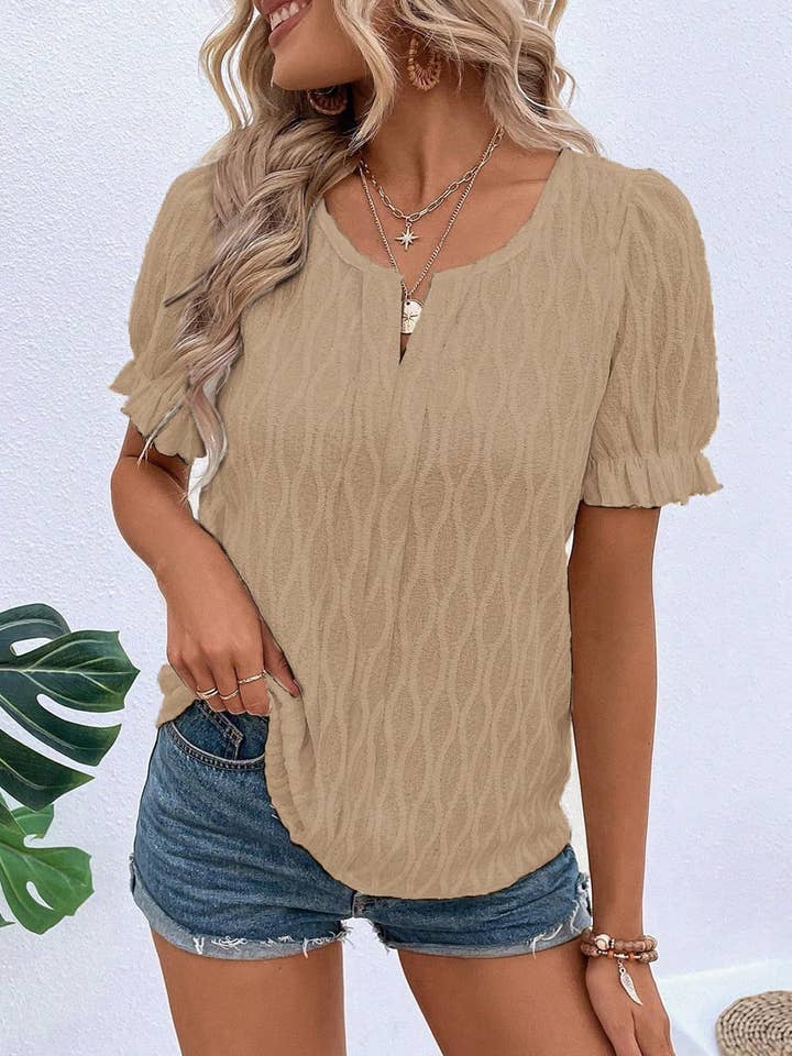 Jacquard V-Neck Puff Sleeve Blouse