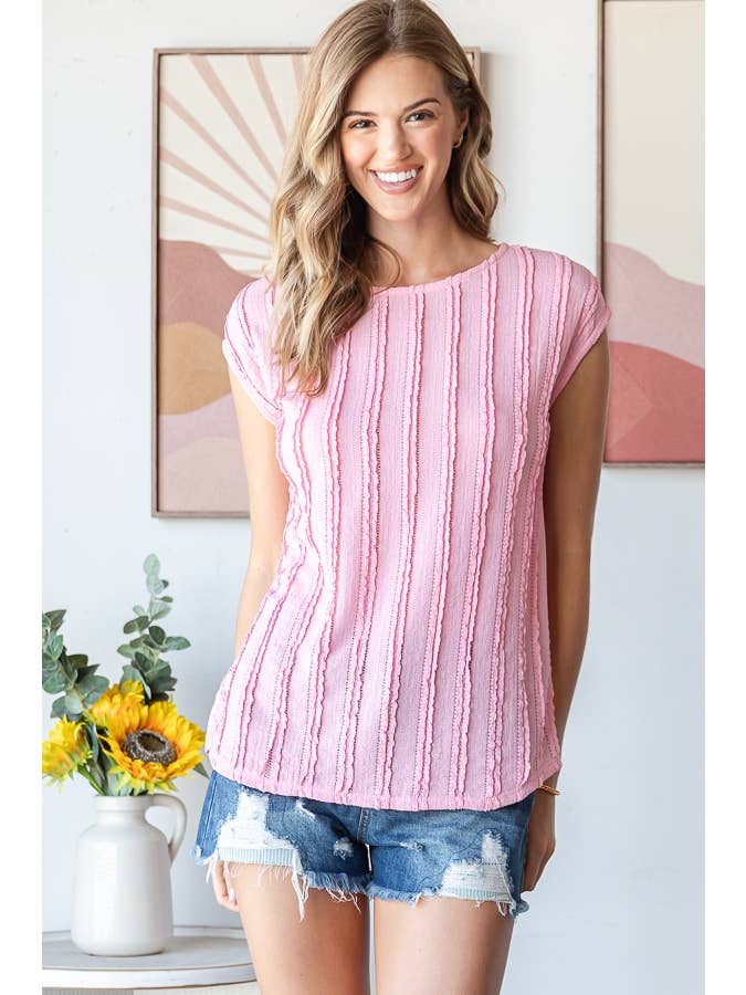 Lightweight Stripe Textured Cap Sleeves Blouse T5948