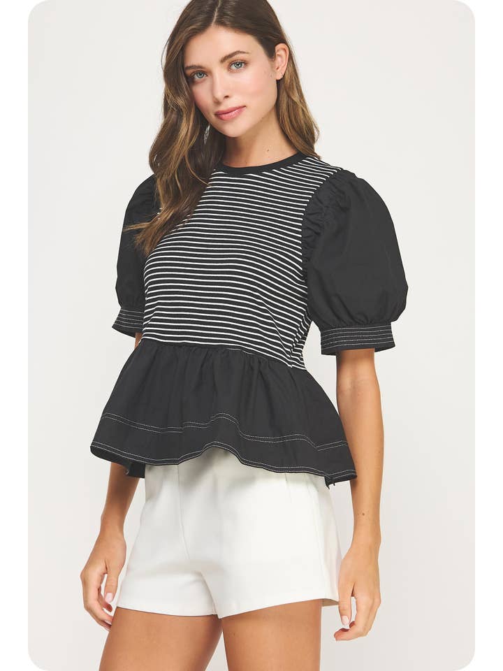 Poplin Contrast Striped Knit Top