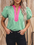 Gingham Plaid Bubble Sleeve Colorblock Trim V Neck Blouse